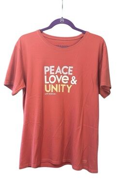 Life Is Good Coral Short Sleeve Tee with White and Yellow Graphic